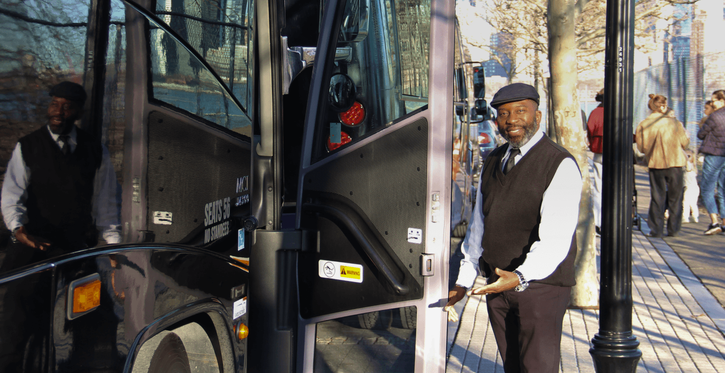 Coach buses parked in a city